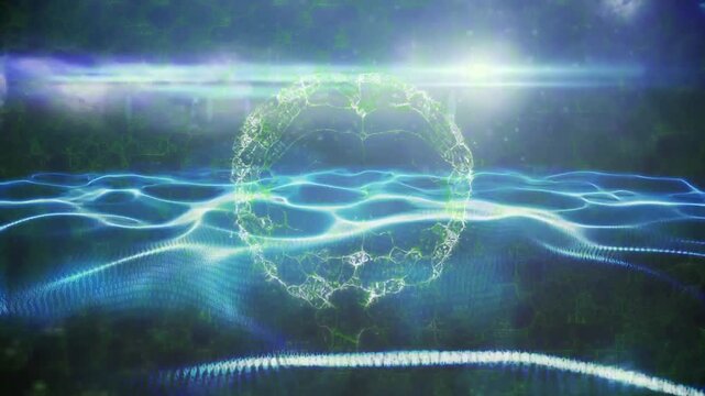 Glowing ring floating above wavy blue green grid, binary code shimmering and flare streaking
