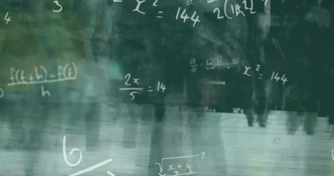 Animation of mathematical equations overlaying school students walking in background