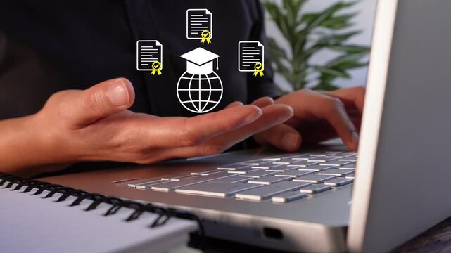 Hands gesture above laptop, symbolizing global education. Icons float above palm: graduation, documents, world map. Scene implies digital learning