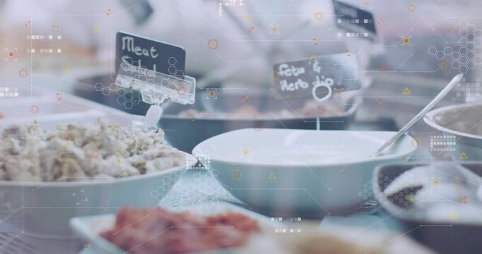 When floating graphics appearing over buffet, bowls drifting left revealing pan and bagels