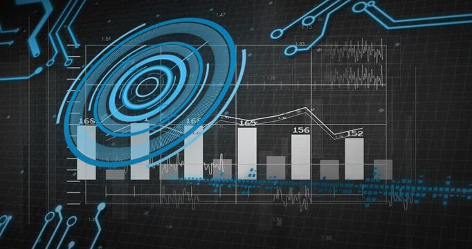 On data pulse HUD animating bars, rotating rings, scrolling waves, updating labels to show metrics