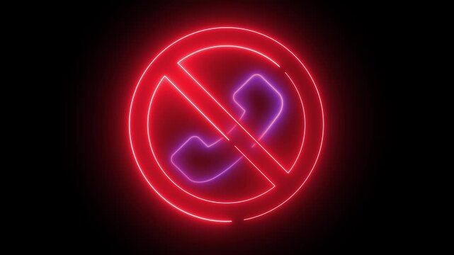 Neon light effect animation of a telephone symbol with a "no calls" sign. Visual signals: no calls or text messages allowed.