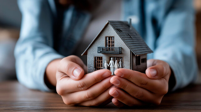 Protecting Home and Family: Faceless hands gently cradle a miniature house and figures, conveying protection and the value of home. Insurance, family security, real estate,