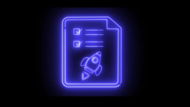Neon light effect animation of the Checklist and Rocket icon with neon outlines. Ideal for launch planning or target tracking.