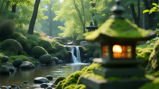 Tranquil garden scene with serene waterfall and stone lanterns illuminating peaceful surroundings. Lush greenery, flowing water, and moss create a calming environment. Concept for nature retreats,