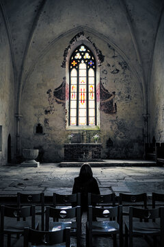 Atmospheric Stained Glass Window and Altar of Karja Church in Saaremaa