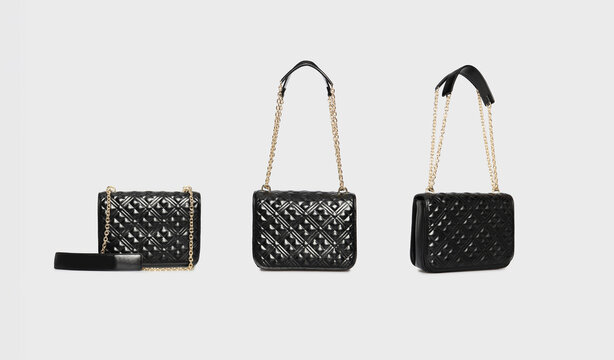 Set of black patent glossy leather handbags, crossbody bag with gold chain straps displayed in front, side, and angled views isolated on white background. Elegant compact fashion accessories retail co