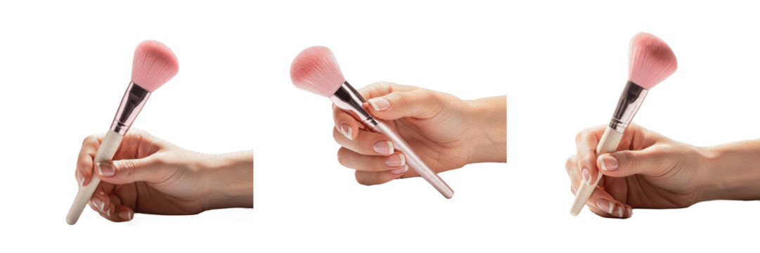 Set of female hands holding pink makeup brushes for powder and blush application isolated on white