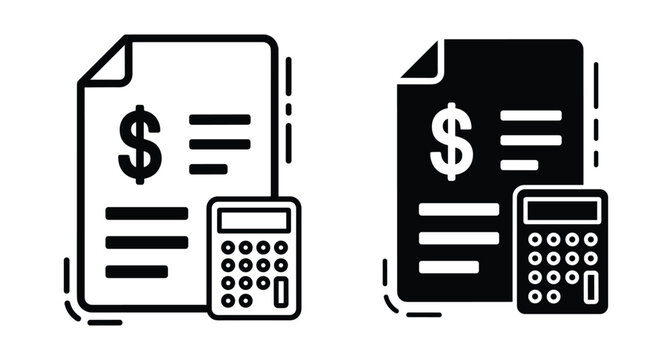 Financial invoice document with dollar sign and calculator icon set for accounting business tax payment budget planning and money management