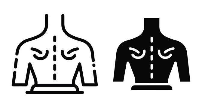 Human back anatomy icon set showing spine and shoulder blades for medical healthcare physical therapy chiropractic massage and orthopedic services