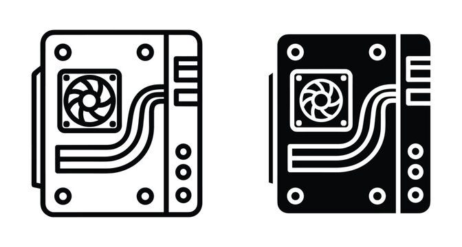 Computer case icon set showing desktop PC tower with cooling fan and internal hardware components in outline and solid styles