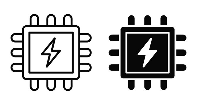 CPU microprocessor chip icon set with lightning bolt symbol representing power energy performance hardware technology electronic component digital processing unit