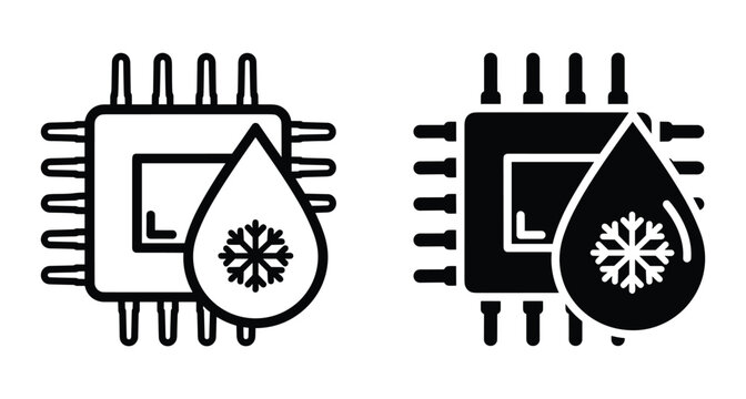 Computer processor chip with liquid cooling drop and snowflake icon representing hardware thermal management system for high performance gaming pc