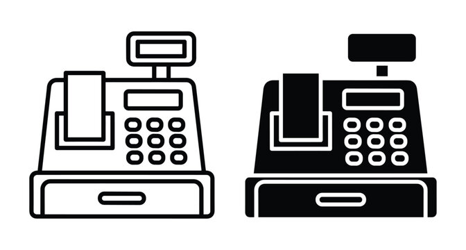 cash register icon set featuring outline and solid glyph styles for retail point of sale payment systems and business commerce