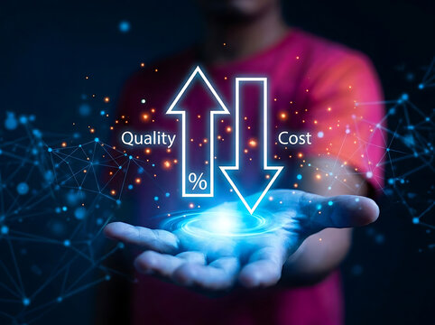 Arrow graphics showing rising quality and falling cost held in a person's hand with digital connections