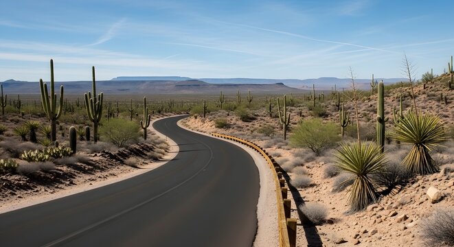 Desert highway with cacti and mountain range in the background