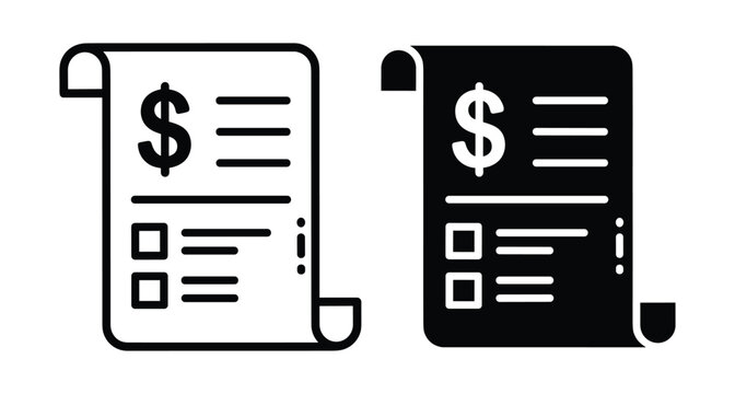 Bill invoice receipt icon set with dollar sign and checkboxes for financial accounting payment transaction business document outline and solid style