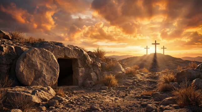 Easter resurrection empty tomb and three crosses at dawn