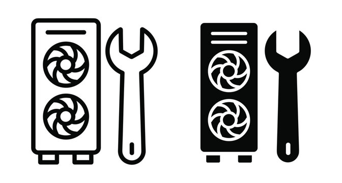 Computer repair service icon set featuring PC tower case with cooling fans and wrench tool for maintenance and technical support