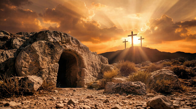 Easter resurrection empty tomb and three crosses at dawn