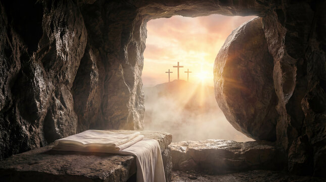 Empty tomb and crosses at sunrise for easter resurrection