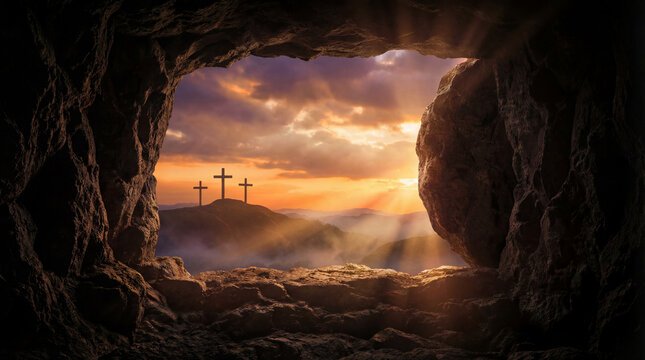 Empty tomb and crosses at sunrise for easter resurrection