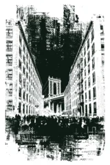 Vector black and white banner with New York, Manhattan Bridge, cityscape, people  and buildings. USA illustration in grunge style. T-shirt design, tourist signboard, tourist postcard. Not AI © paseven