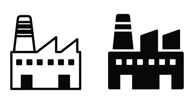 Factory icon set representing industrial manufacturing plant building with chimney smoke stack and windows for business production and engineering projects