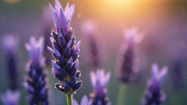 Close-up lavender flowers illuminated by sunlight in a blooming field, vibrant purple petals with a soft focus creating a dreamy atmosphere.