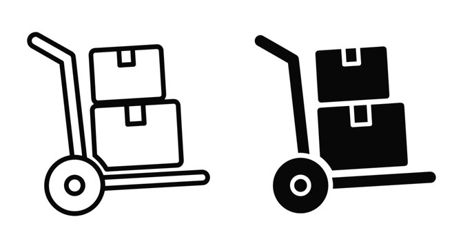 Hand truck icon set with cardboard boxes for delivery shipping logistics warehouse transportation moving service equipment outline and solid style
