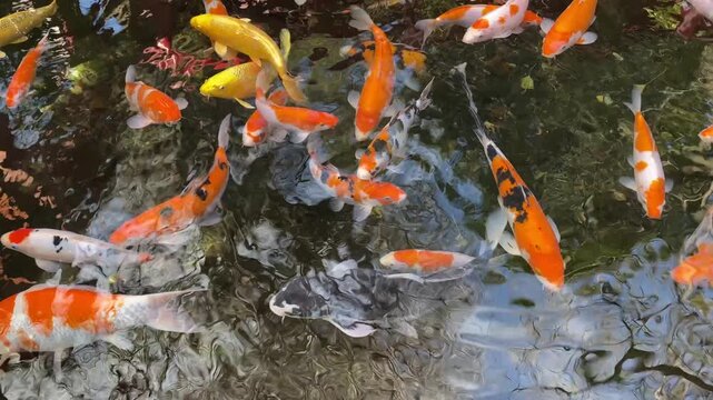 Koi pond with happy kois swimming around, healthy gold and yellow carp fish in a pond