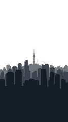 Fototapeta premium A minimalist silhouette of a city skyline with a prominent tower in the background against a white sky.