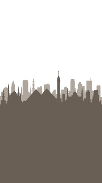 A silhouette of the iconic Egyptian pyramids and ancient structures juxtaposed with a modern city skyline.