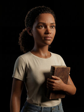 3D Animated Young Woman Holding Bible on Dark Background