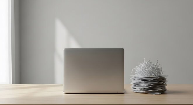 A closed silver laptop next to a stack of shredded paper documents on a wooden desk in a bright minimalist office.