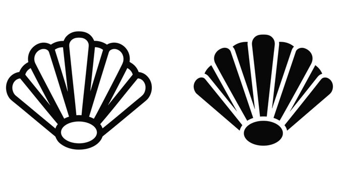 Scallop seashell icon set with outline and solid black silhouette styles for summer beach ocean and marine life design projects
