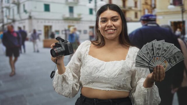 Woman holds a dslr camera and fans us dollar bills, showing bare midriff on a busy street; entrepreneurial confidence.