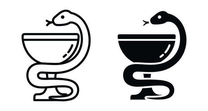 Pharmacy medical symbol bowl of hygieia icon set with snake and cup for healthcare medicine drugstore apothecary clinical pharmaceutical design elements