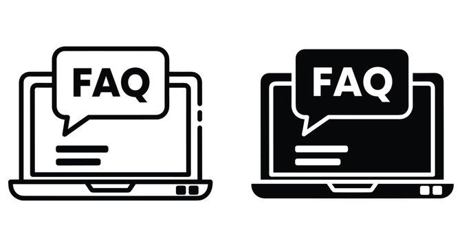 FAQ laptop icon set showing frequently asked questions on computer screen with speech bubble for online support and customer service help