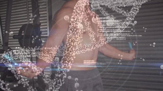 Animation of dna strand spinning over data processing and exercising strongman