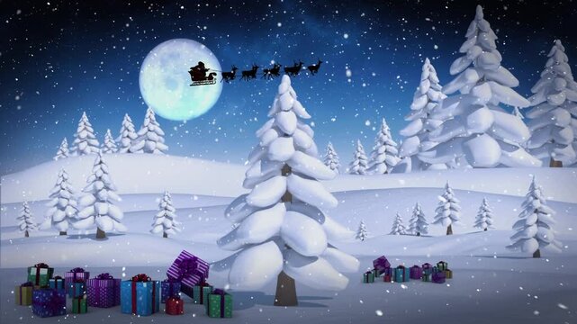 Animation of santa sleigh and snow falling in night winter landscape