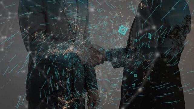 Animation of network of connections with icons over people shaking hands