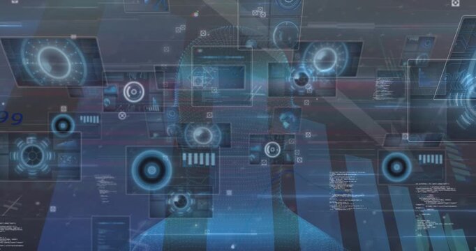 Animation of circles on screens floating over glitch and human head model