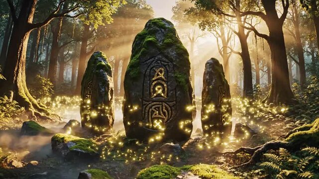 Ancient moss-covered standing stones adorned with glowing mystical symbols radiate an ethereal aura in a sun-dappled enchanted forest, evoking a sense of fantasy and timeless mystery