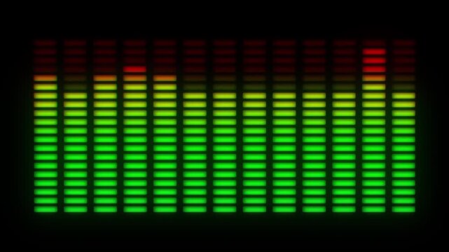 Dynamic Green vertical audio spectrum equalizer bars. Pulsing music visualization on black background. Digital frequency equalizer sound signal visualization. Frequency level indicator