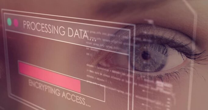 Animation of digital screen with data processing over eye of caucasian woman