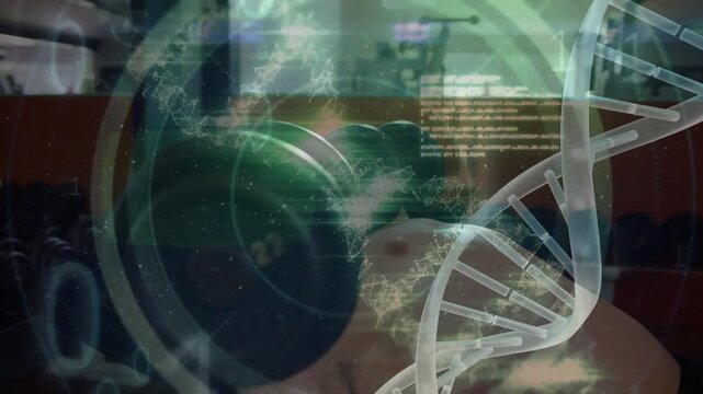 Animation of dna strand and data processing over beakers and caucasian of lorry