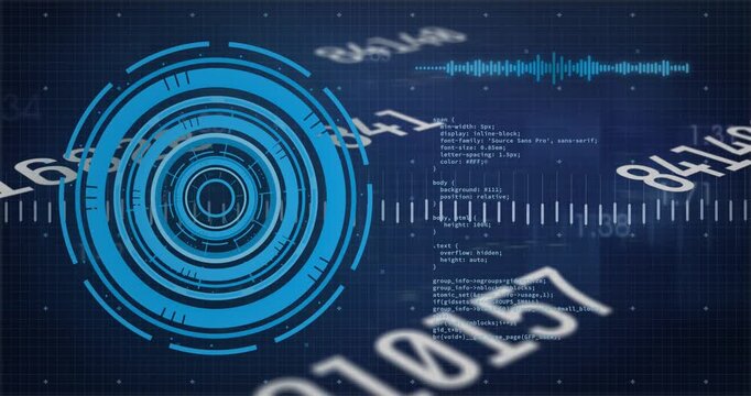 Animation of numbers, processing circle and financial data on digital screen