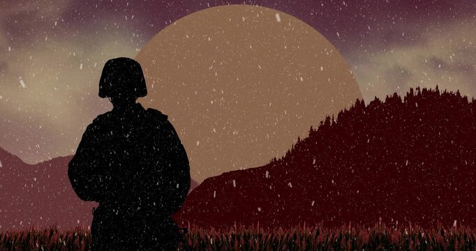 Animation of santa claus in sleigh with reindeer moving over winter landscape and moon