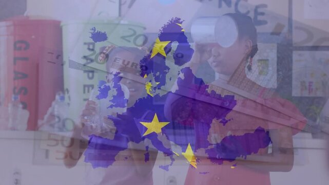 Animation of flag of eu and banknotes over diverse volunteers segregating waste